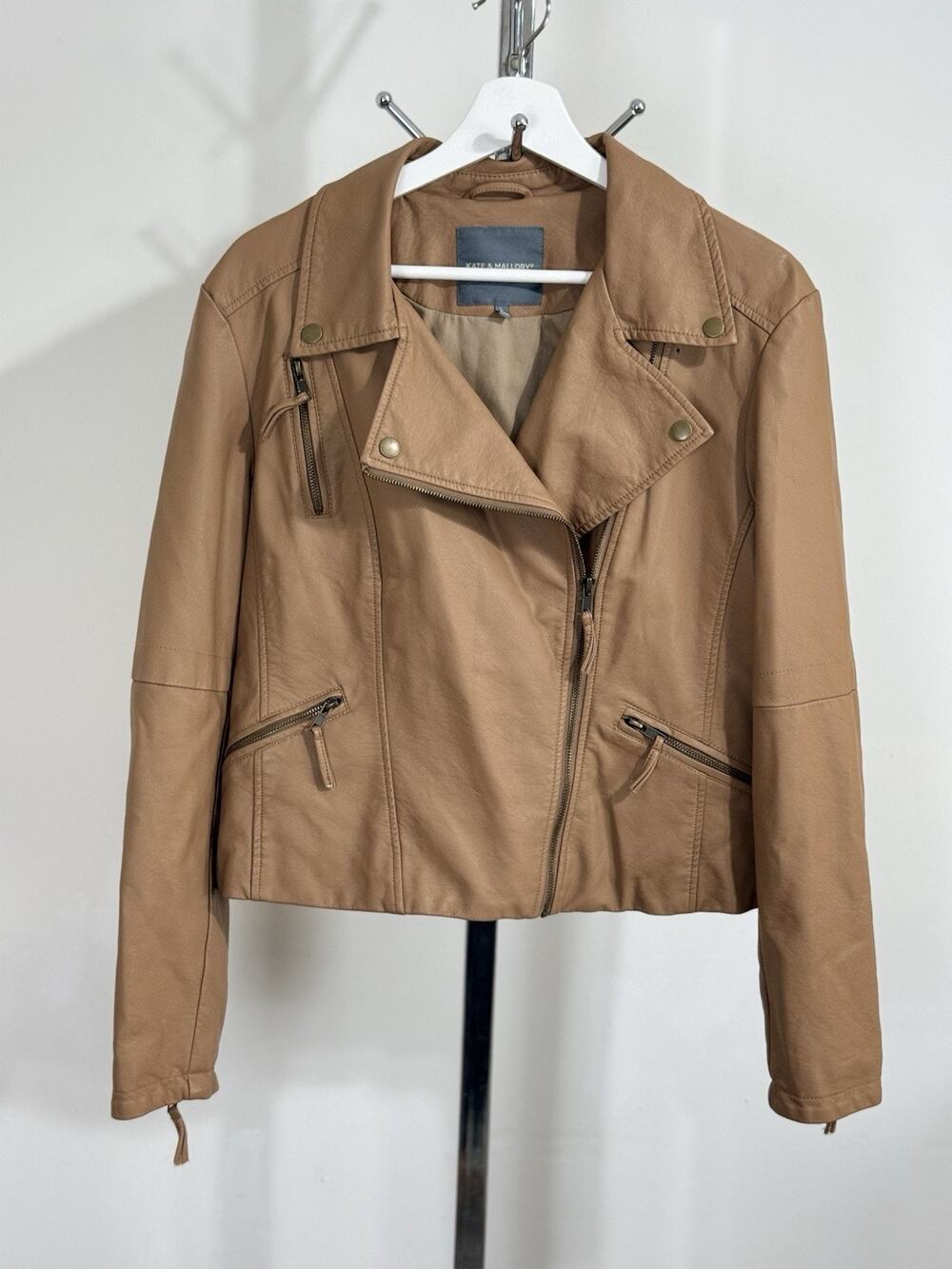 Kate & Mallory Women’s Faux Leather Moto Biker Jacket Tan Lace Up Back Size L